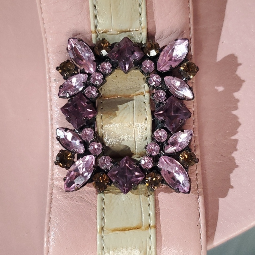 Hilary Radley Pastel Pink & Tan Jeweled Mule Sandal with gold kitten heal size8 - Picture 3 of 11